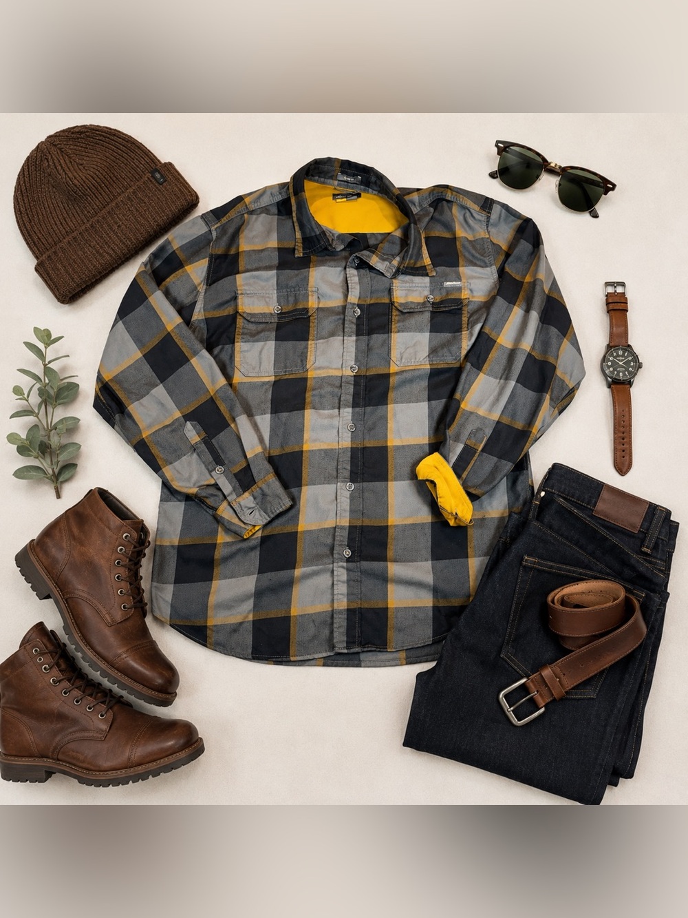 Eddie Bauer Mens XL Gray Black Yellow Plaid Flannel TraveX Flap Pocket Outdoor